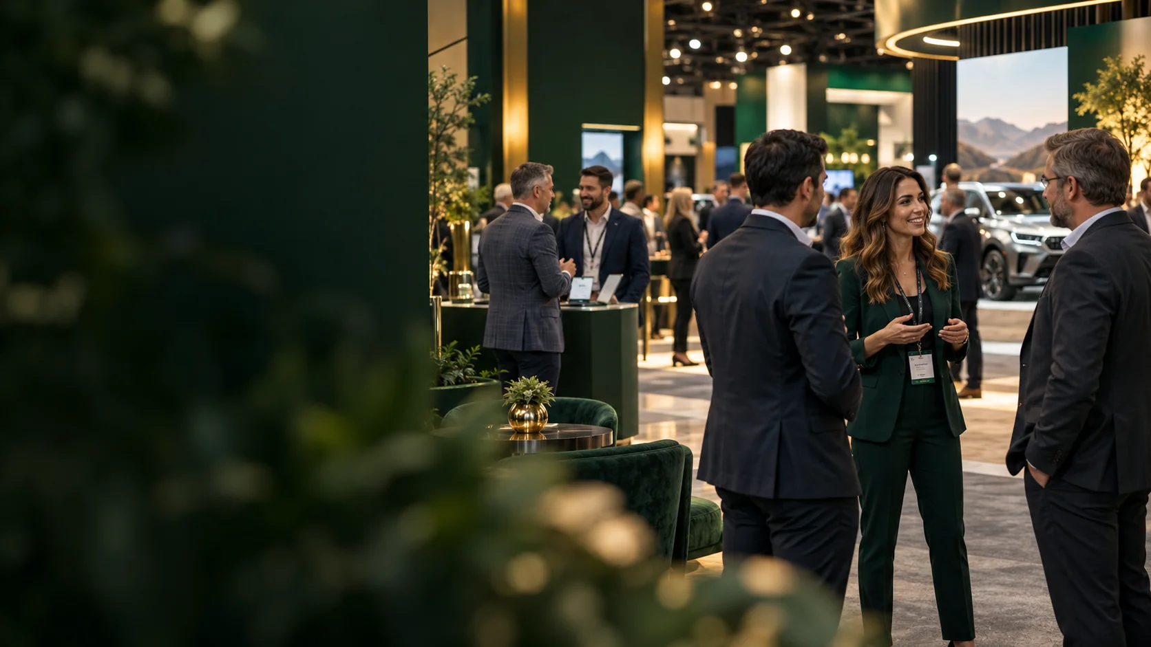 Business people in conversation at an automotive industry event inside a dealership showroom